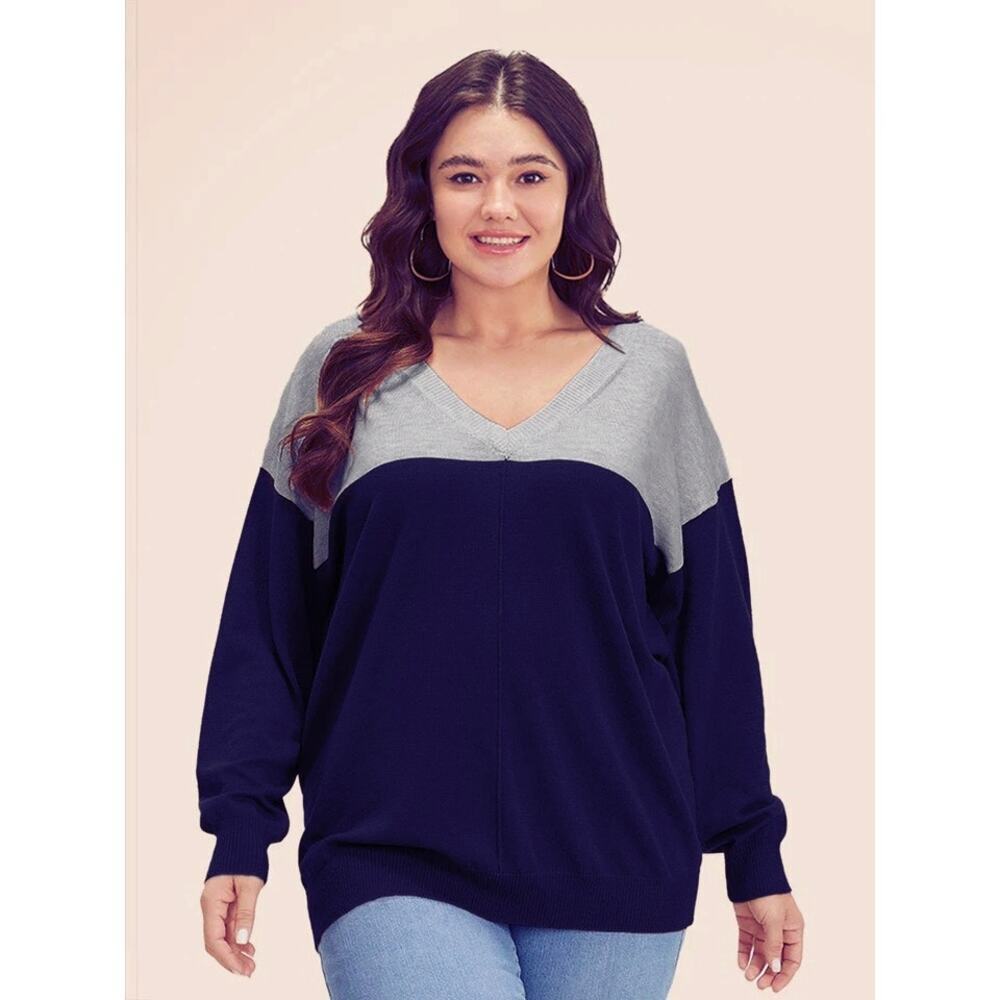 Size 14 - 16 • 1x BloomChic Blue Supersoft Colorblock Two Tone V Neck Pullover